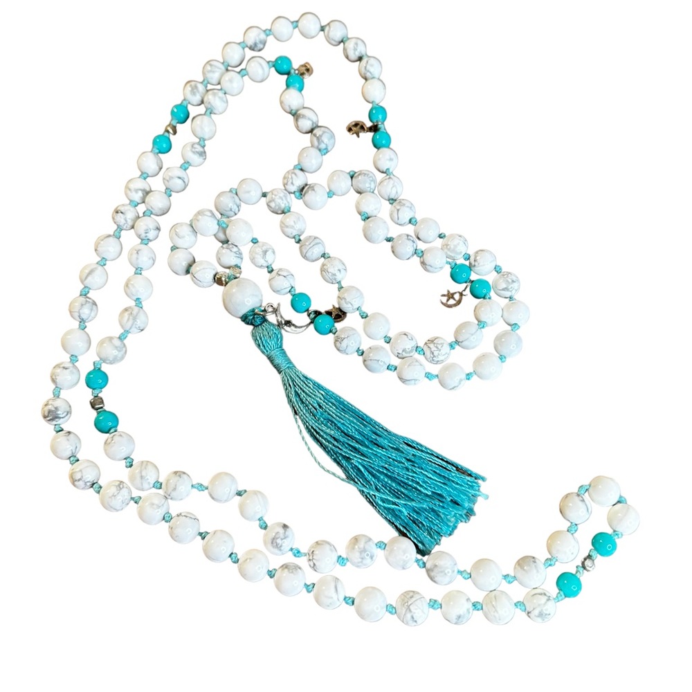 Boho Howlite & Turquoise Stone Sterling Silver Celestial Charm Tassel Necklace